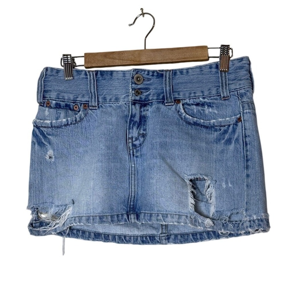 Vintage American‎ Eagle Women Skirt 4 Blue Micro Denim Mini Distressed Low Rise